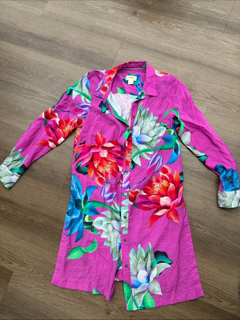 Maeve Magenta Floral Button-Front Long-Sleeve Tunic Sz M
